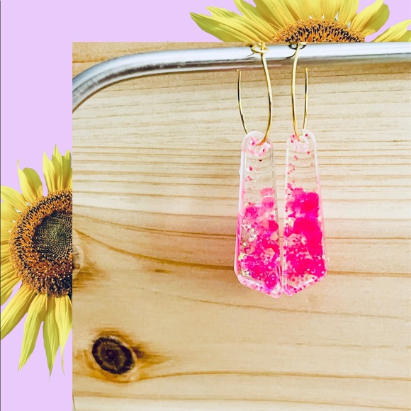 BOUTIQUE Resin Drop Earrings, Holographic Mixed Pink Chunky Glitter, Fun Hoops - Picture 10 of 11